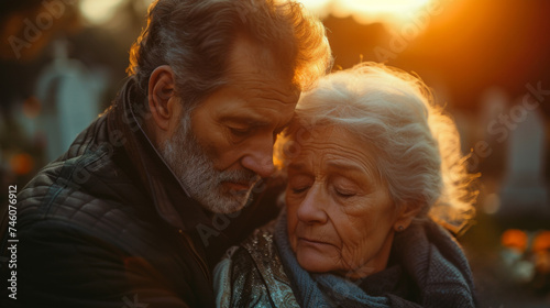 An elderly couple shares a poignant moment at dusk, the woman resting her head on the man's shoulder, evoking themes of love, loss, and support