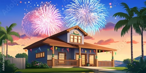 Fireworks at night in the surrounding area, celebrating the 4th of July. Cartoon, Art. AI generated.