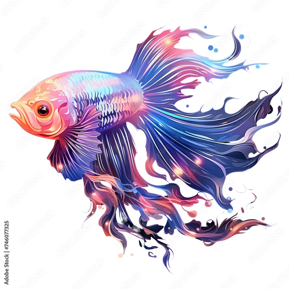 Fototapeta premium An unusual fish with a beautiful tail. illustration in bright and rich colors. Concept: aquarium and pets, marine life