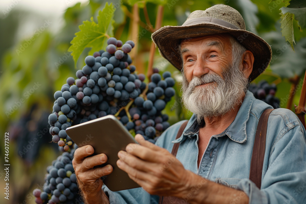 Fototapeta premium Smiling senior farmer using tablet pc with bunch of grapes in vineyard.