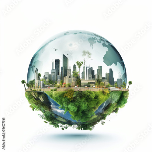 Green planet concept. Ecology and sustainable future for a healthy green Earth. Isolated on white background. 