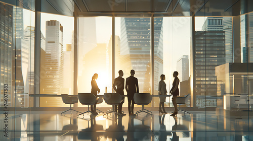 Profissionais de negócios engajados em reunião em escritório moderno com vista da cidade e foco central nas pessoas © Alexandre