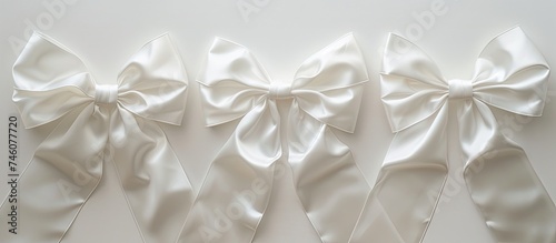 A group of white bows hangs neatly on a wall  creating a symmetrical and visually appealing display. Each bow is perfectly positioned  adding a touch of elegance to the space.