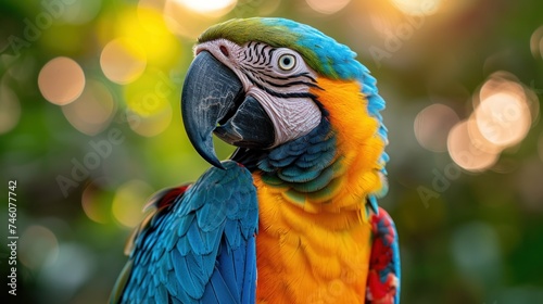  a close up of a colorful parrot with blurry trees in the backgrouds of the image in the backgrouds of a blurry background. photo