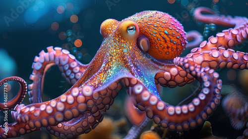 Fantasy illustration of Glitter pink Octopus underwater