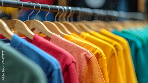 Multicolored t-shirts in the store or in the closet, textile industry concept