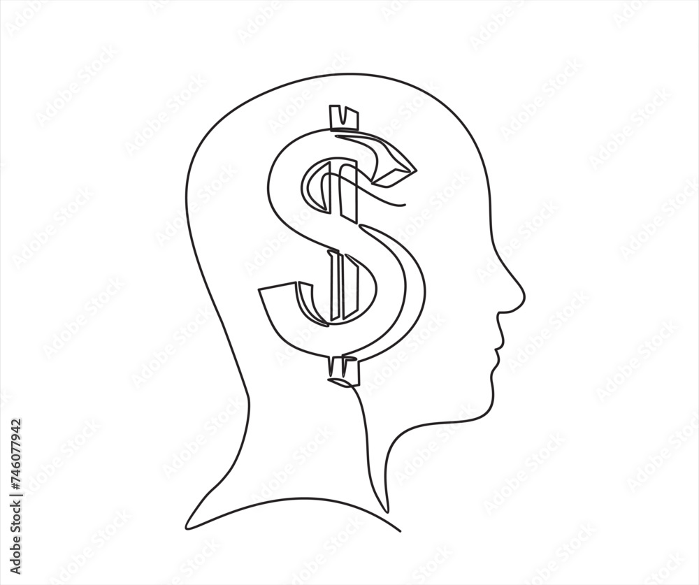 Continuous One line drawing of a human face with dollar sign inside. Good idea to make money Continuous One line drawing of a human face with dollar sign inside. Good idea to make money