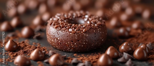  a chocolate donut sitting on top of a table surrounded by chocolate chips and pieces of chocolate on top of a table with a few pieces of the doughnuts.