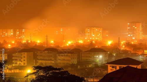 a view of a city at night with buildings in the foreground and a foggy sky in the background. photo