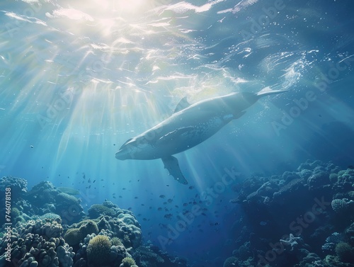 Underwater vista colossal megafauna gracefully navigating coral kingdoms a dance of shadows and light
