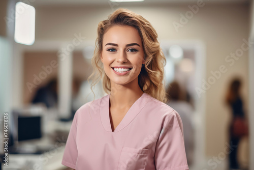 Smiling professional woman in clinic uniform.