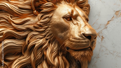  a close up of a lion's head on a white and gold marbled wall with a black and white marbled floor and a white marble wall in the background.