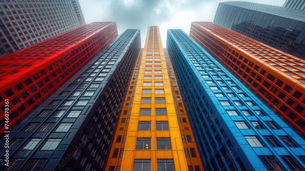  a group of tall buildings standing next to each other in the middle of a city with blue, yellow, red, and orange buildings in the middle of the photo.