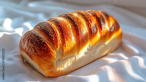 a long loaf of bread sitting on top of a white sheet of paper on top of a white sheet of cloth. photo