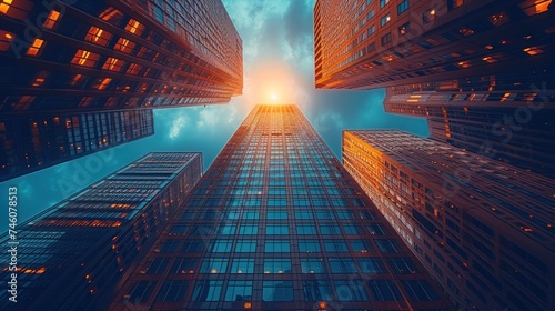  a group of tall buildings with the sun shining through the windows in the middle of the building and the sky reflecting off the windows in the middle of the building.