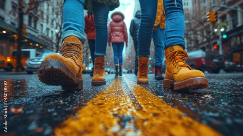  a group of people walking down a street next to a yellow line painted on the road in the middle of the street with a yellow line painted on the road. © Wall