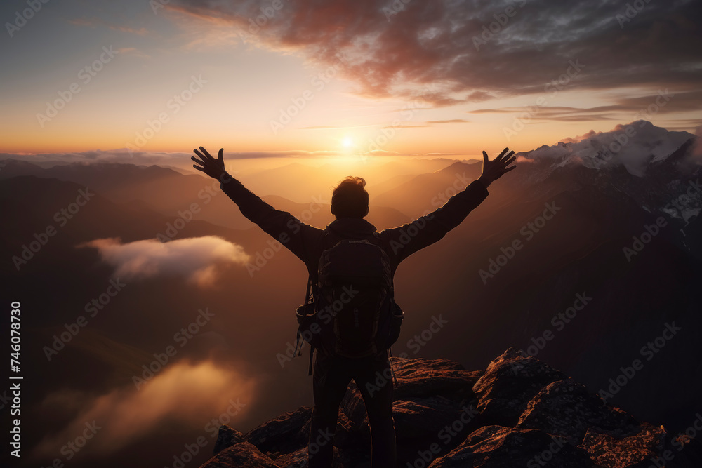 Hiker Celebrating at Mountain Summit at Sunset