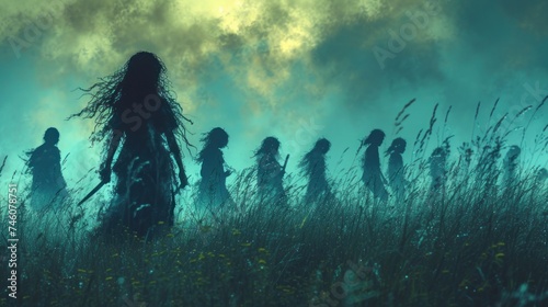  a group of people with long hair walking through a field of tall grass in front of a sky filled with clouds and grass stalks in front of the foreground.