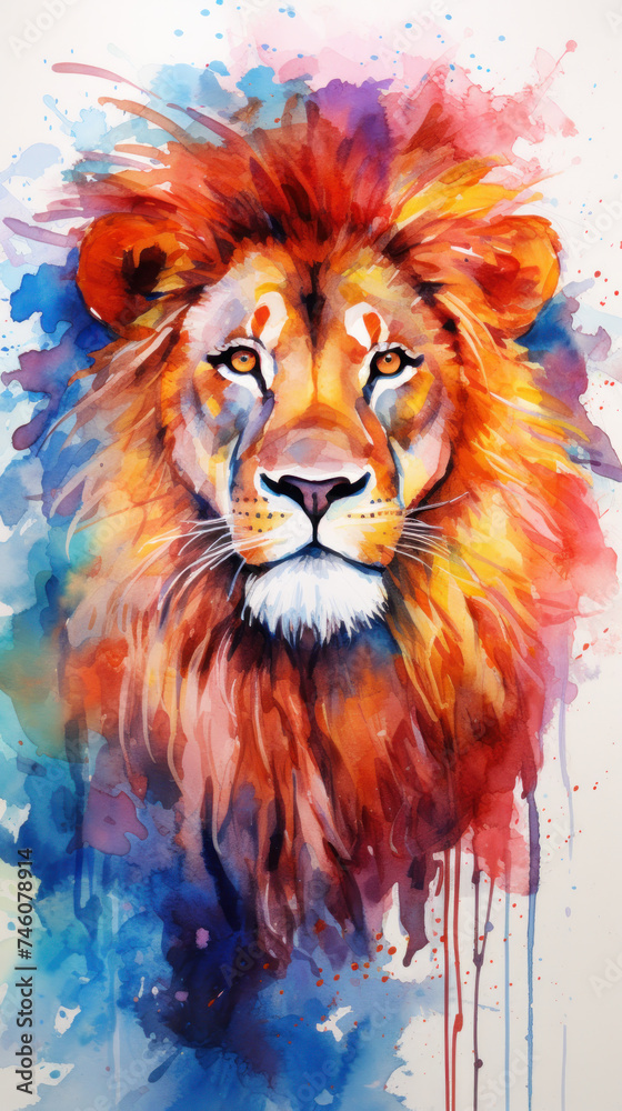 Colorful image of a lion with smudges of paint on a white background.