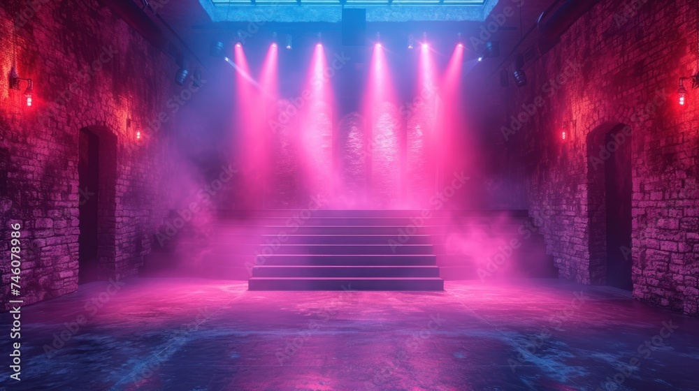  a set of stairs leading up to a stage with pink and blue lights coming from the top and bottom of the steps on either side of the stage is a set of the stage.