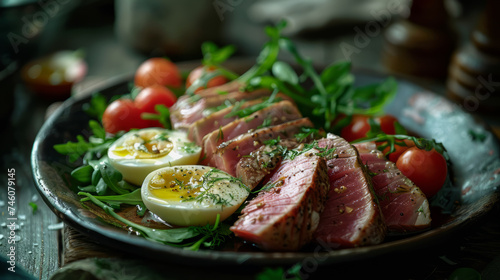 Tuna Nicoise - salad with medium steak of tuna photo