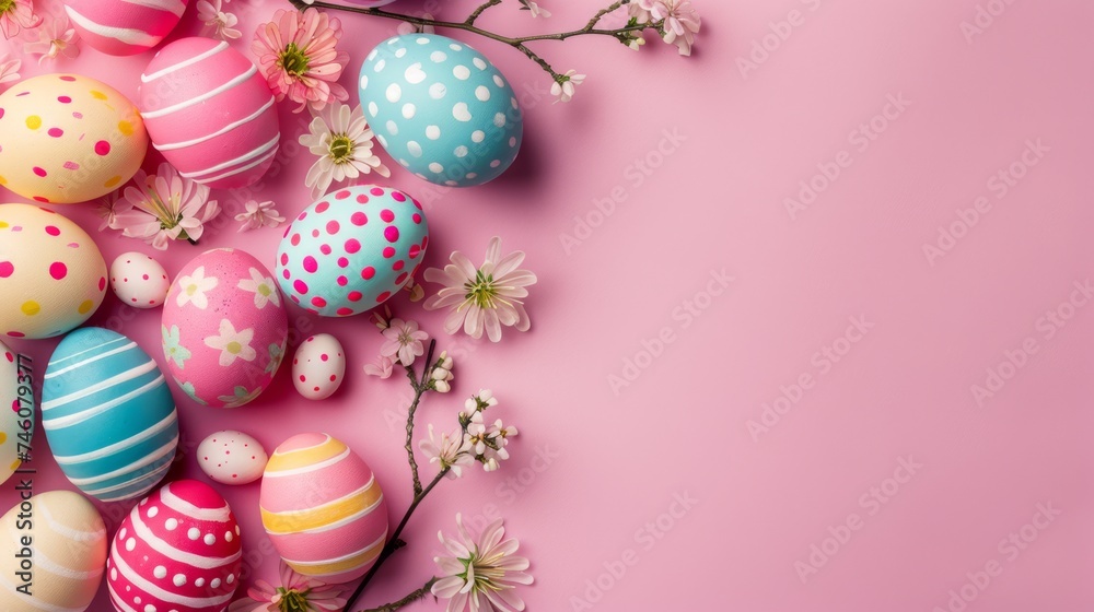 Easter decoration colorful eggs on pink background with copy space. Beautiful colorful easter eggs. Happy Easter. Isolated.