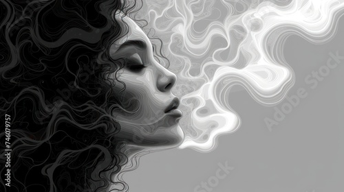  a black and white photo of a woman s face with smoke coming out of her eyes and her hair blowing in the wind  on a light gray background.