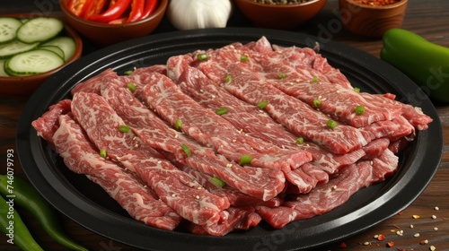 a pile of raw meat sitting on top of a black plate next to a pile of sliced cucumbers.