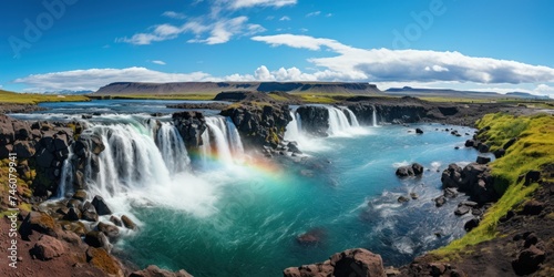 A waterfall cascading with a rainbow appearing in the middle of it