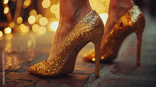 Female legs in gold glitter chunky high heel pumps. Shoes for wedding, Christmas, new year, evening, cocktail, night out. Golden stiletto heels. photo