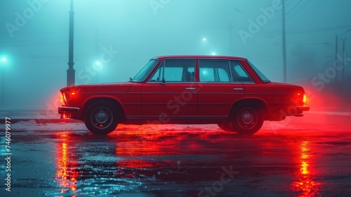  a red car parked on the side of the road in a foggy area with street lights on the side of the road and a street lamp on the other side of the road.