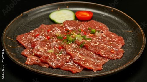 a black plate topped with meat and veggies next to a cucumber and a slice of tomato.