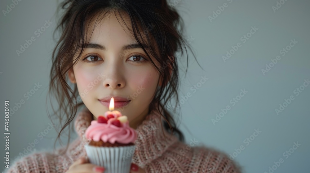 a woman holding a cupcake with a lit candle in her mouth and a pink frosted cupcake in front of her face with a candle in her mouth. a woman holding a cupcake with a lit candle in her mouth and a pink frosted cupcake in front of her face with a candle in her mouth.