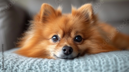  a close up of a dog laying on a couch with it's head resting on the arm of a couch cushion with it's paws on it's head.