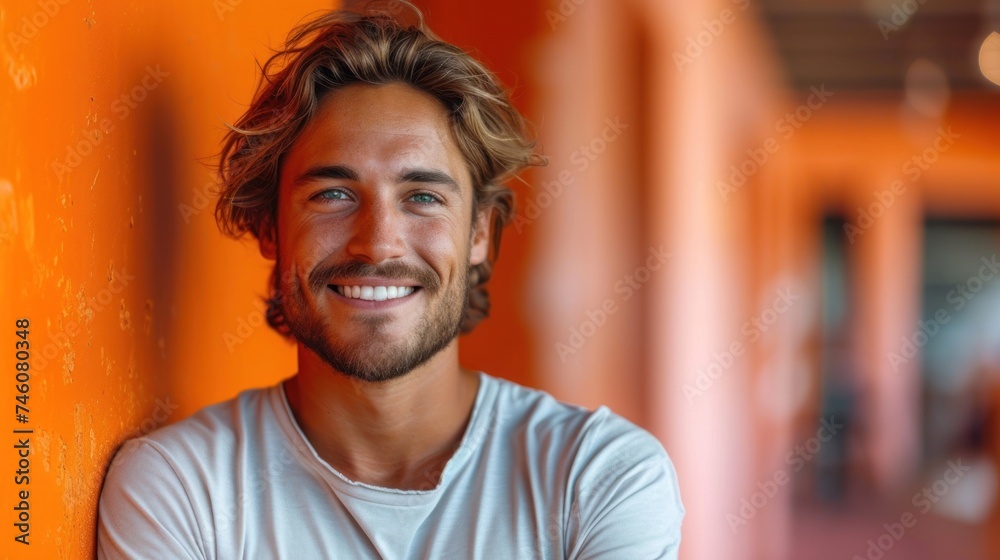a close up of a person with a smile on his face and a white t - shirt on and orange walls in the background and a man in the foreground. a close up of a person with a smile on his face and a white t - shirt on and orange walls in the background and a man in the foreground.