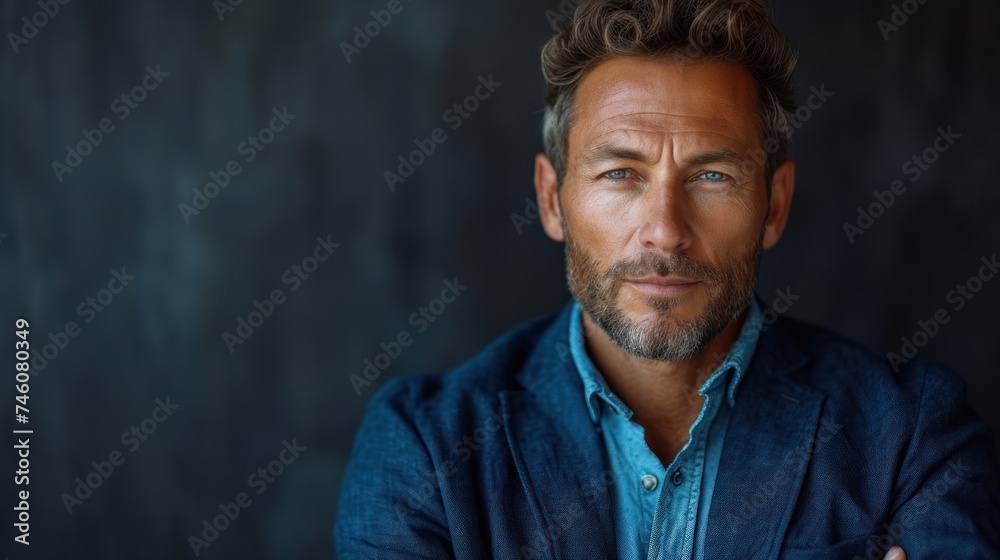  a close up of a person wearing a blue shirt with his arms crossed and looking at the camera with a serious look on his face and a serious look on his face.