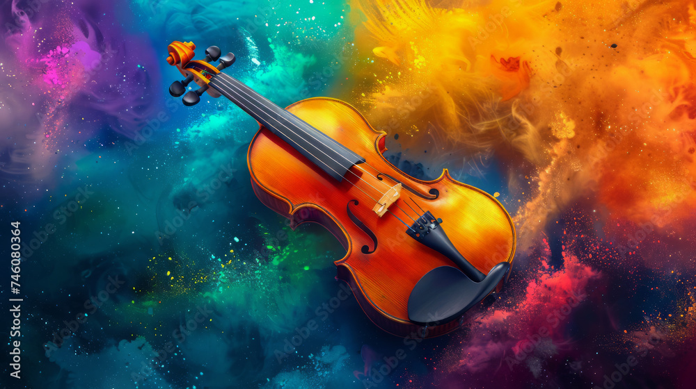 Fototapeta premium World music day banner with violin on abstract colorful dust background.