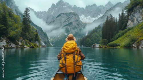  a person in a yellow jacket paddling a boat on a lake with mountains in the background and foggy clouds in the sky over the top of the water.
