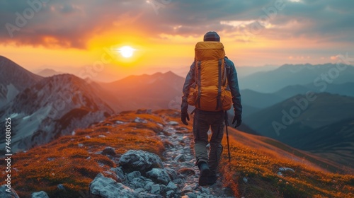  a man hiking up a mountain with the sun setting in the distance in the distance, with a backpack on his back, and a backpack in the foreground.