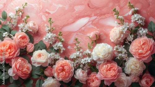 Fototapeta Naklejka Na Ścianę i Meble -  Beautiful delicate peonies on a marble background with copy space. Composition with space for text. Wedding invitation. Banner. Birthday. International Women's Day, Mother's Day concept.