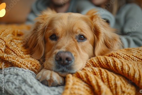 The dog is a beloved family pet. Background with selective focus and copy space