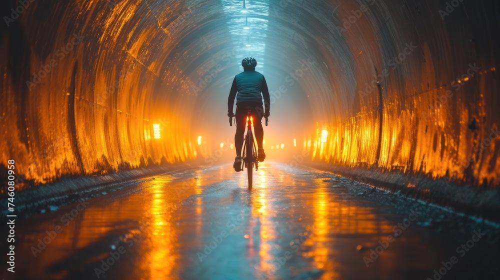  a bicyclist rides through a tunnel in the middle of the night with bright lights on the sides of the tunnel and a man on the front of the bike. - obrazy, fototapety, plakaty 