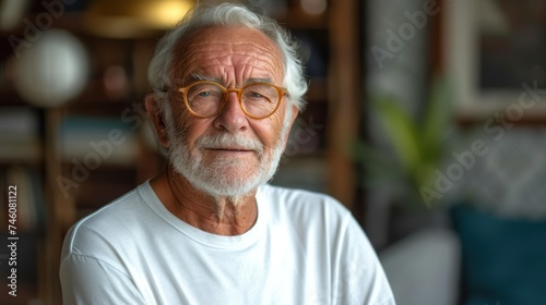  a close up of a person wearing glasses with a white beard and wearing a white t - shirt with a blue pillow in the background and a green plant in the foreground.