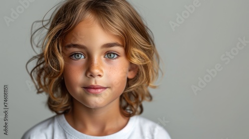  a close up of a child's face with frizbees on it's hair and a white t - shirt with a gray background and a gray background.