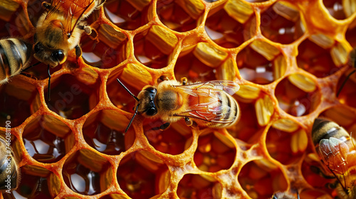 Honey Bees Working on Honeycomb Close-up