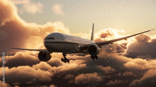 a large jetliner flying through a cloudy sky at sunset
