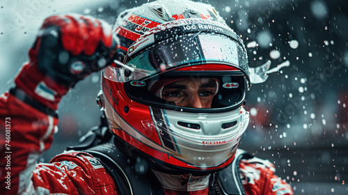 A race car driver in a helmet celebrates a win amidst a champagne splashes.
