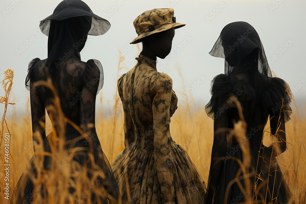 Silhouettes of three African women in a field in black vintage clothes. African women in the field. Wild West.