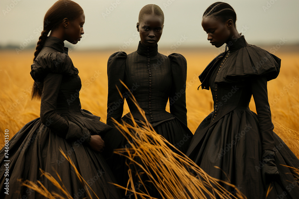 Three African women in a field in black vintage clothes. African women in the field. Wild West. African women dressed in ancient dresses.
