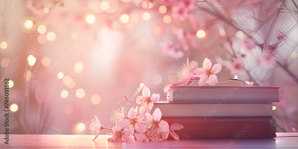 Natural beautiful flowers lie on the pages of an open book against the backdrop of nature,Natural beautiful flowers lie on the pages of an open book,Old books and pink flowers on wooden table in front - obrazy, fototapety, plakaty 